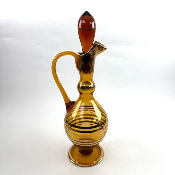 Beautiful Vintage Amber Glass Wine Decanter With Gold Stripes Retro MCM - Picture 2 of 9